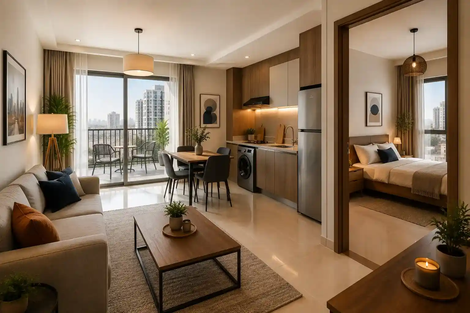 Bright 1 BHK apartment interior with furnished living room, bedroom, dining area, and kitchen in Jumeirah Village Circle